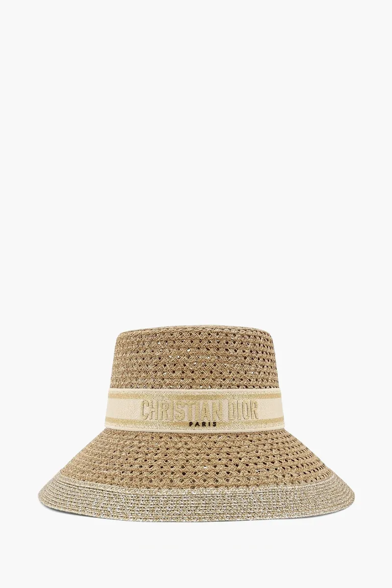 CHRISTIAN DIOR Embroidered Band D-Bobby Long Brim Hat in Ecru/Gold Paper