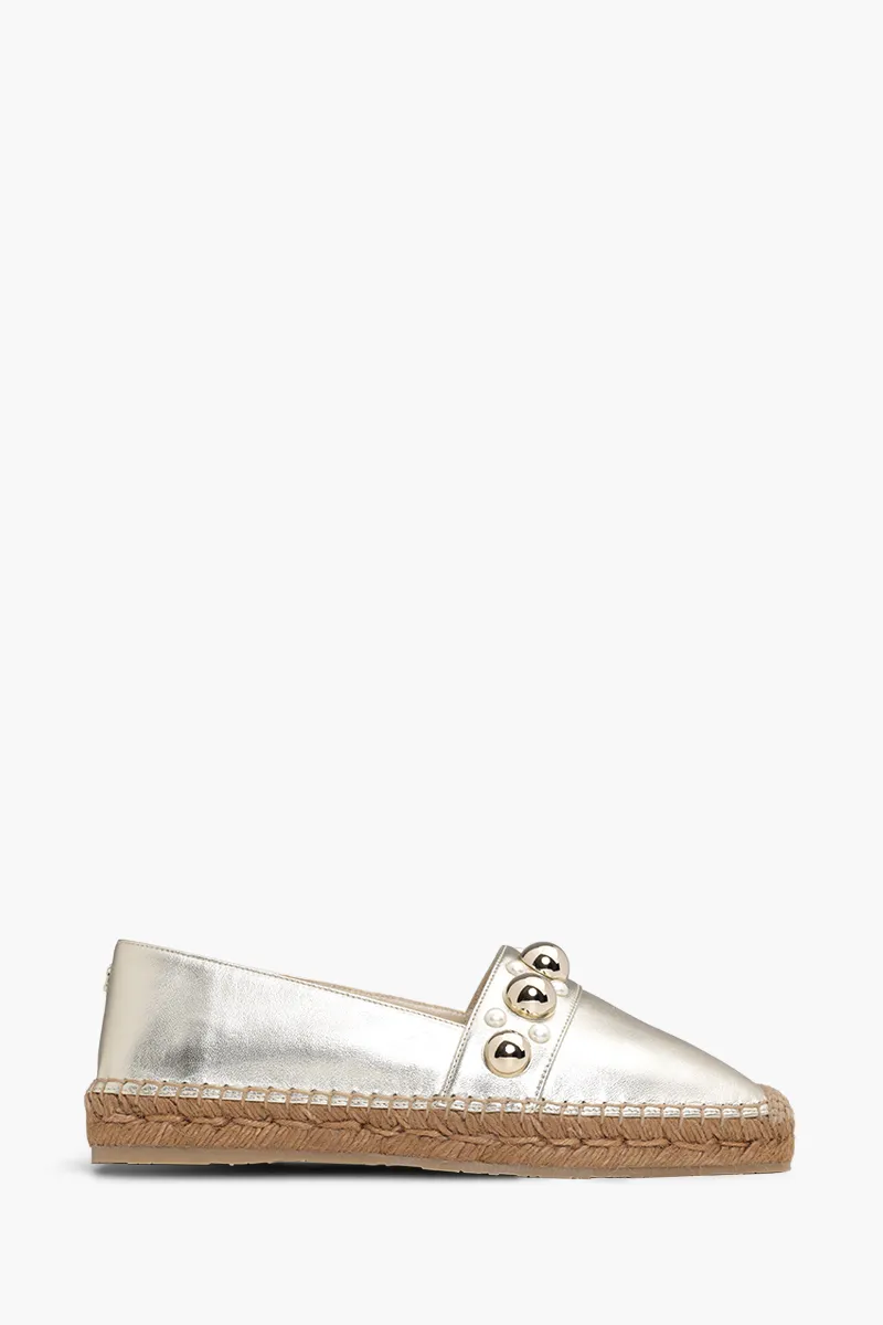 JIMMY CHOO Women Dru Flat Espadrilles in Gold Metallic with Pearls And Studs
