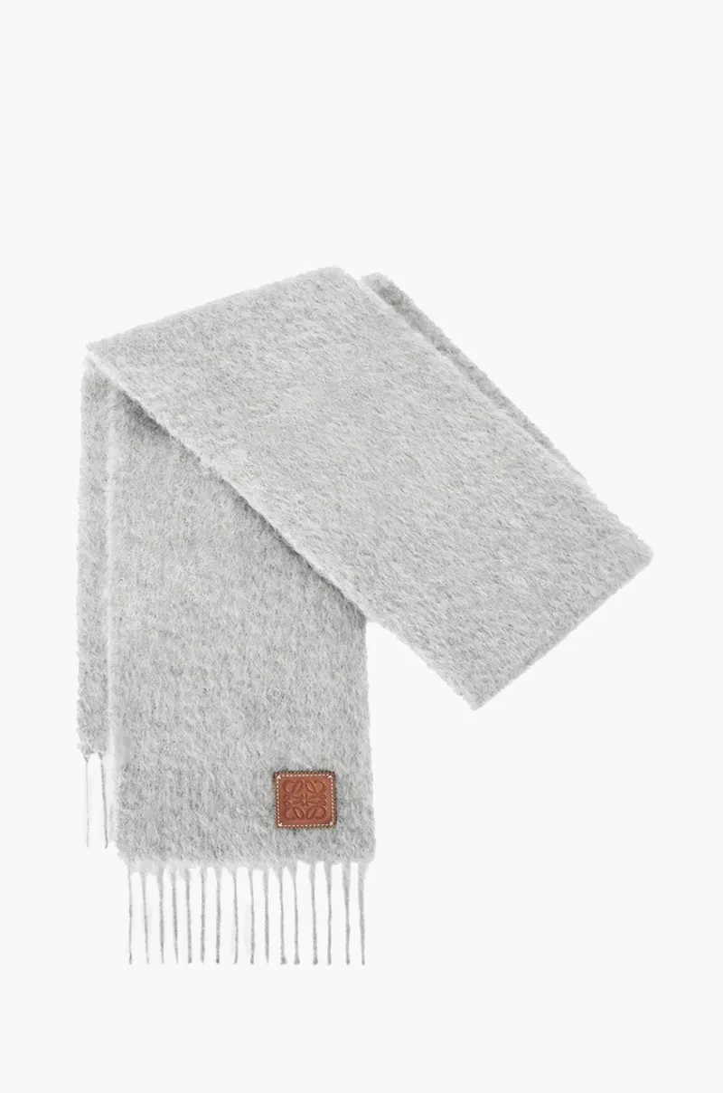 LOEWE Mohair and Wool Scarf in Light Grey with Embossed Anagram Logo Patch