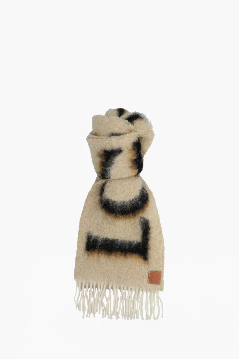 LOEWE Logo Printed Scarf in Camel/Black Wool Mohair