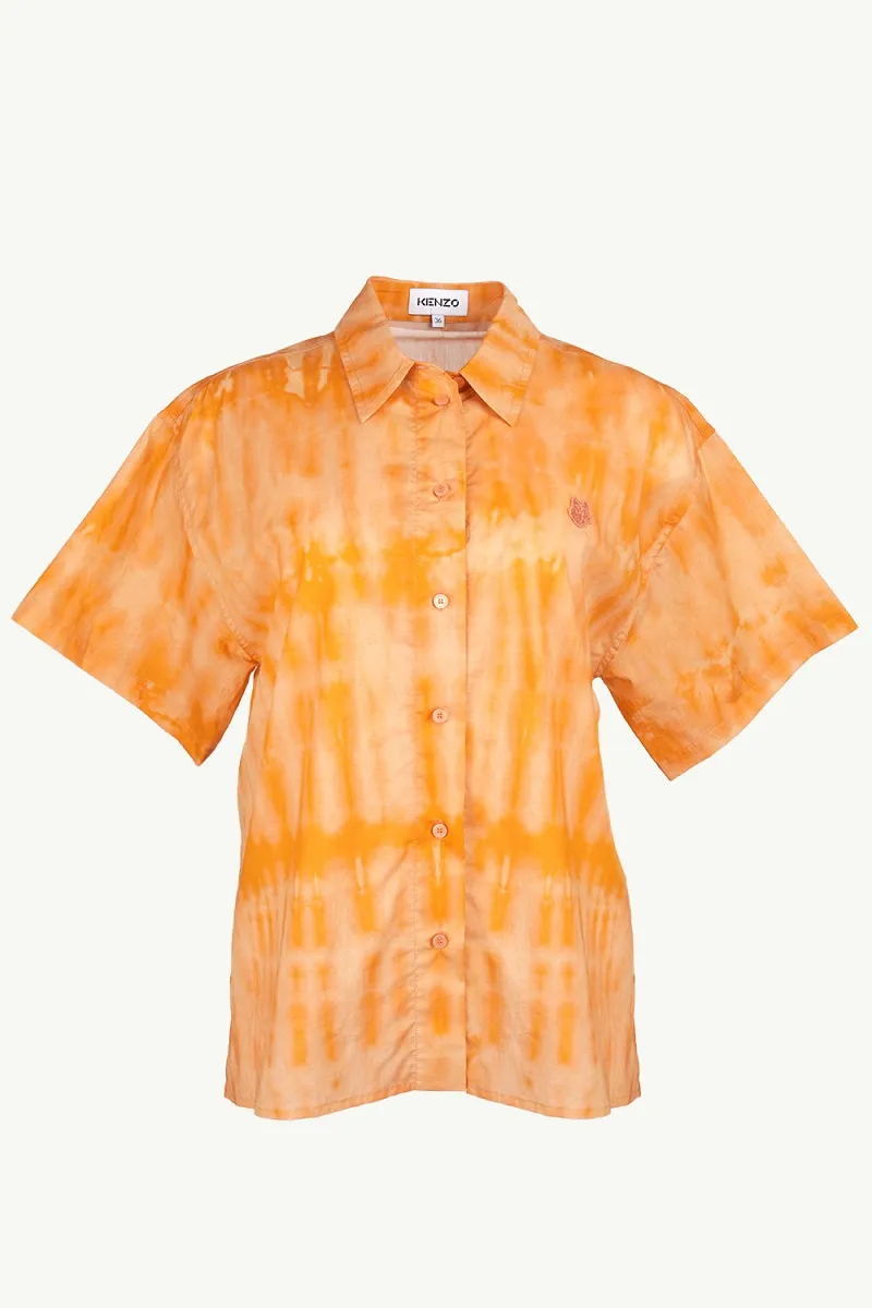 KENZO Women Tiger Patch Loose Fit Shirt in Orange Multicolor with Tie-Dye Pattern