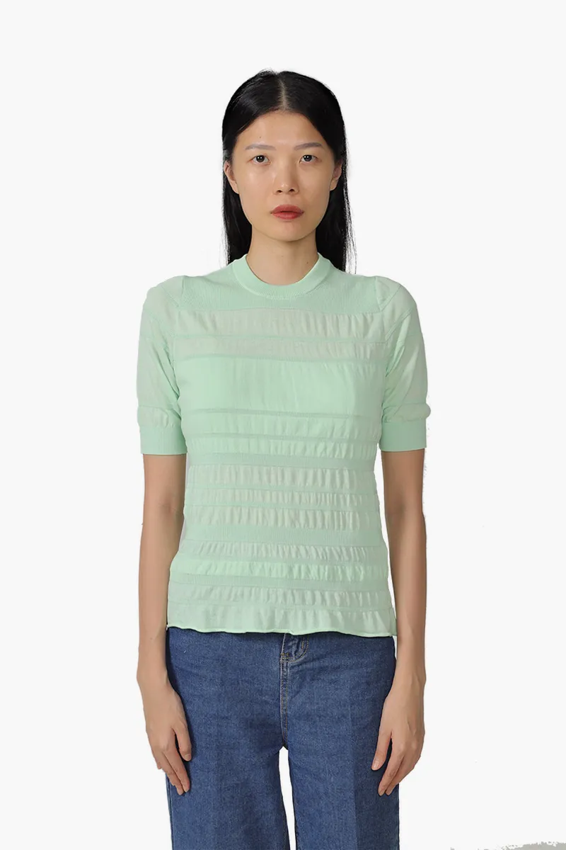 KENZO Women All Over Smocked Short Sleeves Sweater in Almond Green