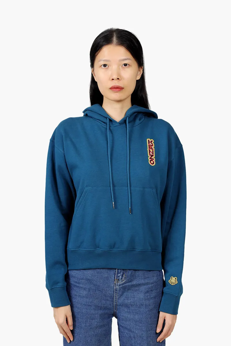 KENZO Women Neon Tiger on Back Boxy Sweatshirt in Duck Blue with Hoodie