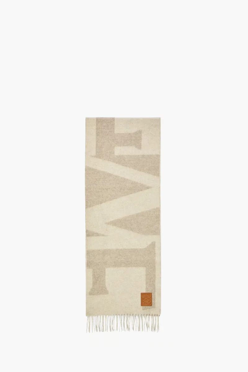 LOEWE Anagram Embossed Logo Jacquard Scarf in Light Grey/Stone Cashmere