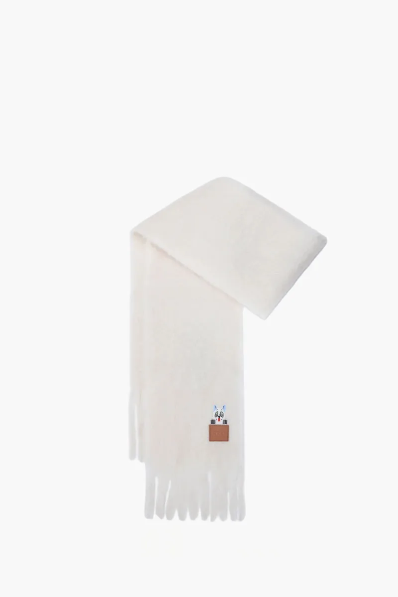 LOEWE Mohair and Wool Scarf in White with Embossed Futurist Cat 