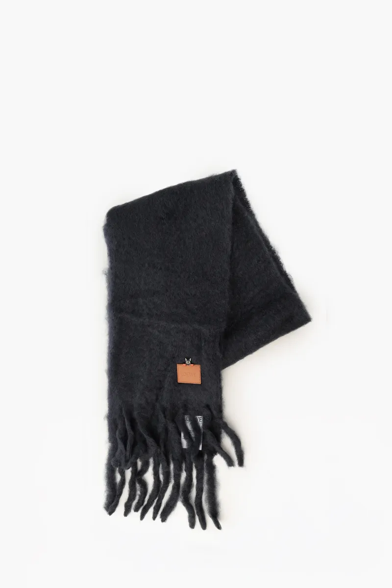 LOEWE Mohain and Wool Scarf in Black with Enamel and Brass Futursit Cat Brooch