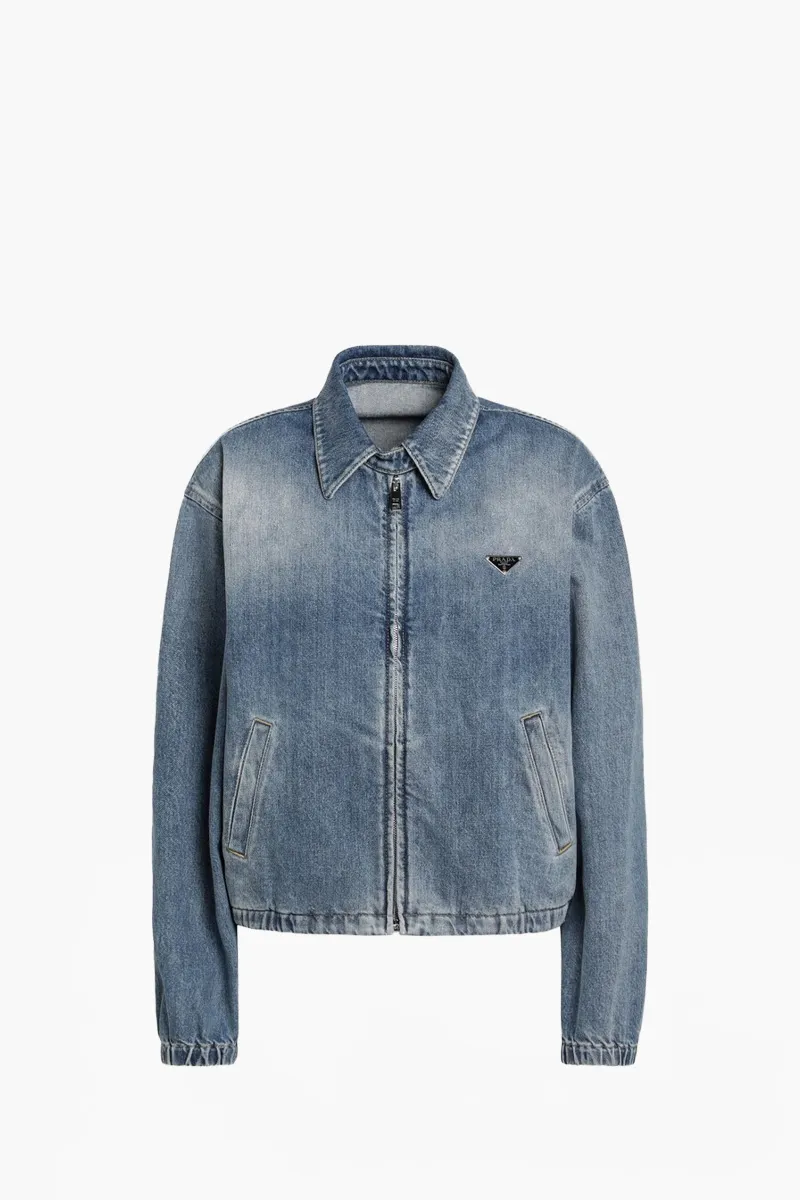 PRADA Women Triangle Logo Denim Jacket in Light Blue Cotton