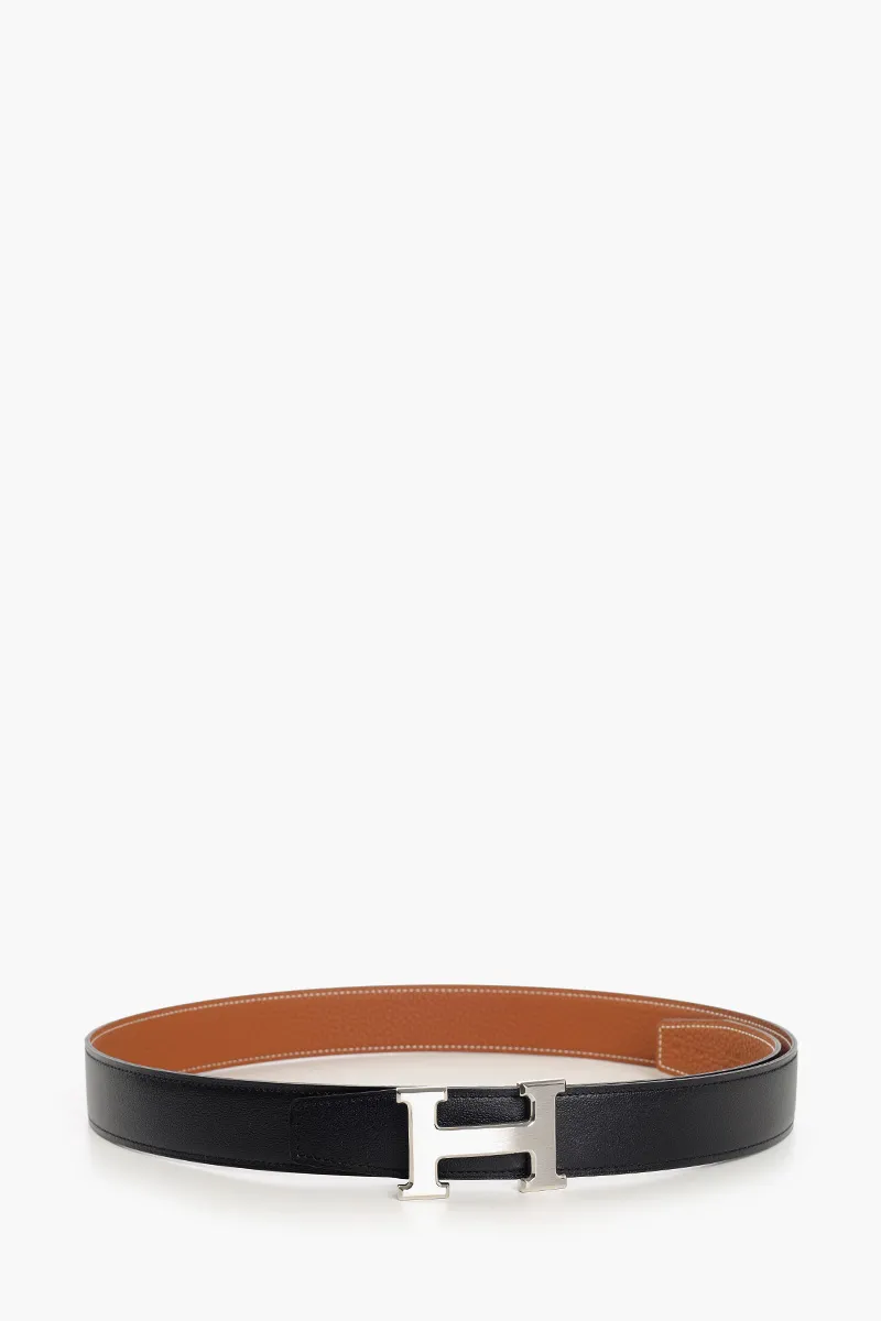 HERMÈS Reversible H Buckle Belt 32mm in Black/Gold Togo Calfskin PHW