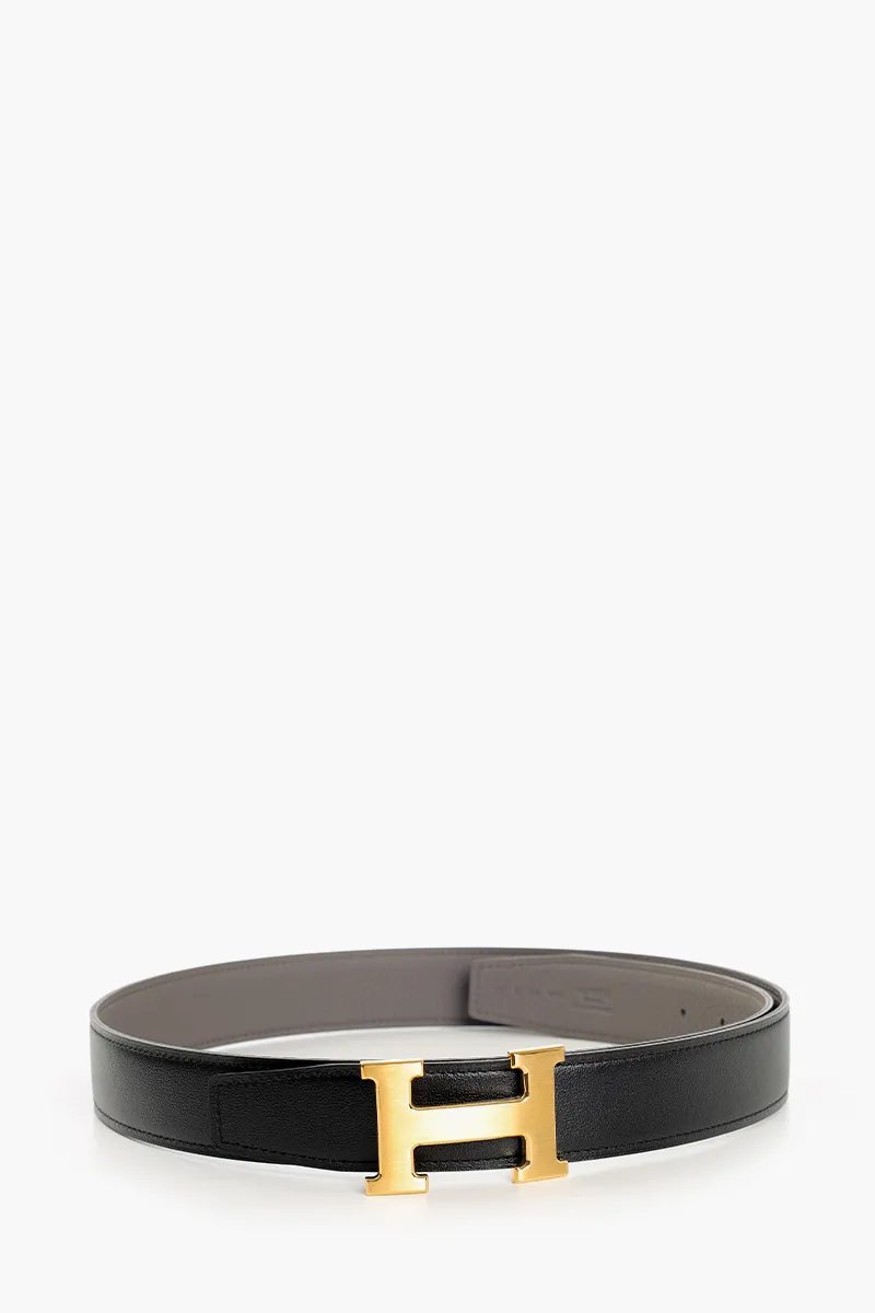 HERMÈS Reversible H Buckle Belt 32mm in Black/Tin Togo Calfskin GHW