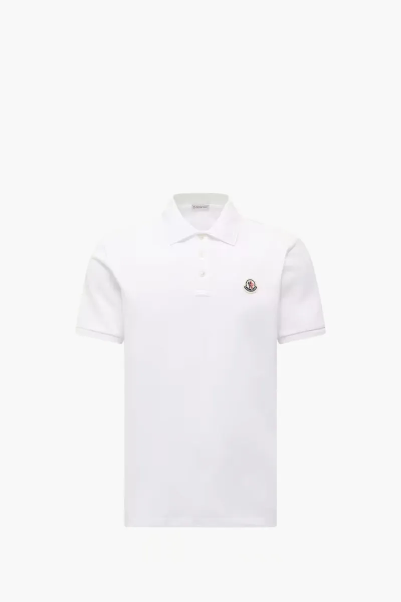 MONCLER Men Logo Patch Polo Shirt in White Cotton Piquet