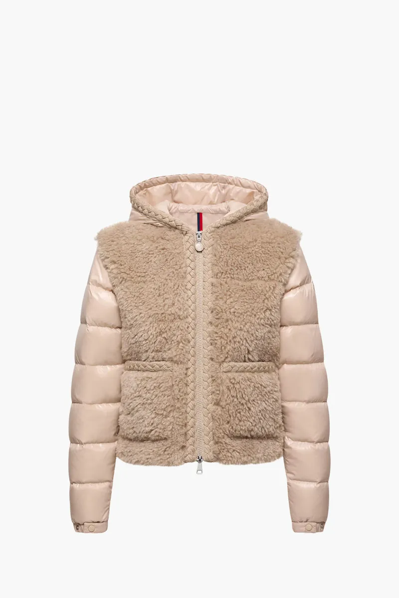 MONCLER Women Plantay Hooded Teddy Short Down Jacket in Beige Teddy and Nylon