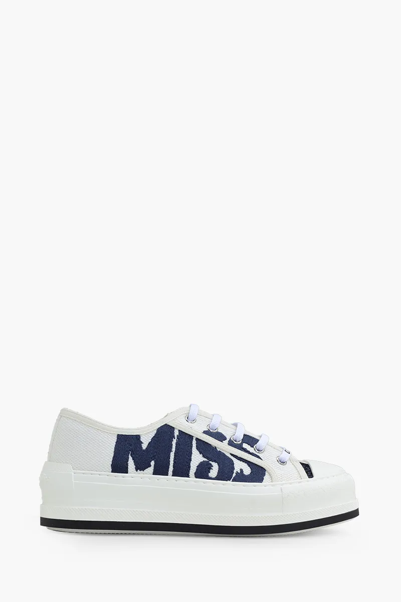 CHRISTIAN DIOR Walk Platform Sneakers in White/Deep Blue Cotton with Miss Dior Graffiti Motif