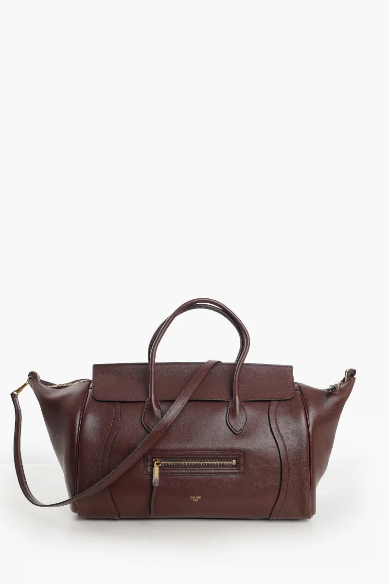 CELINE Medium Luggage Handbag in Dark Brown Soft Shiny Lambskin