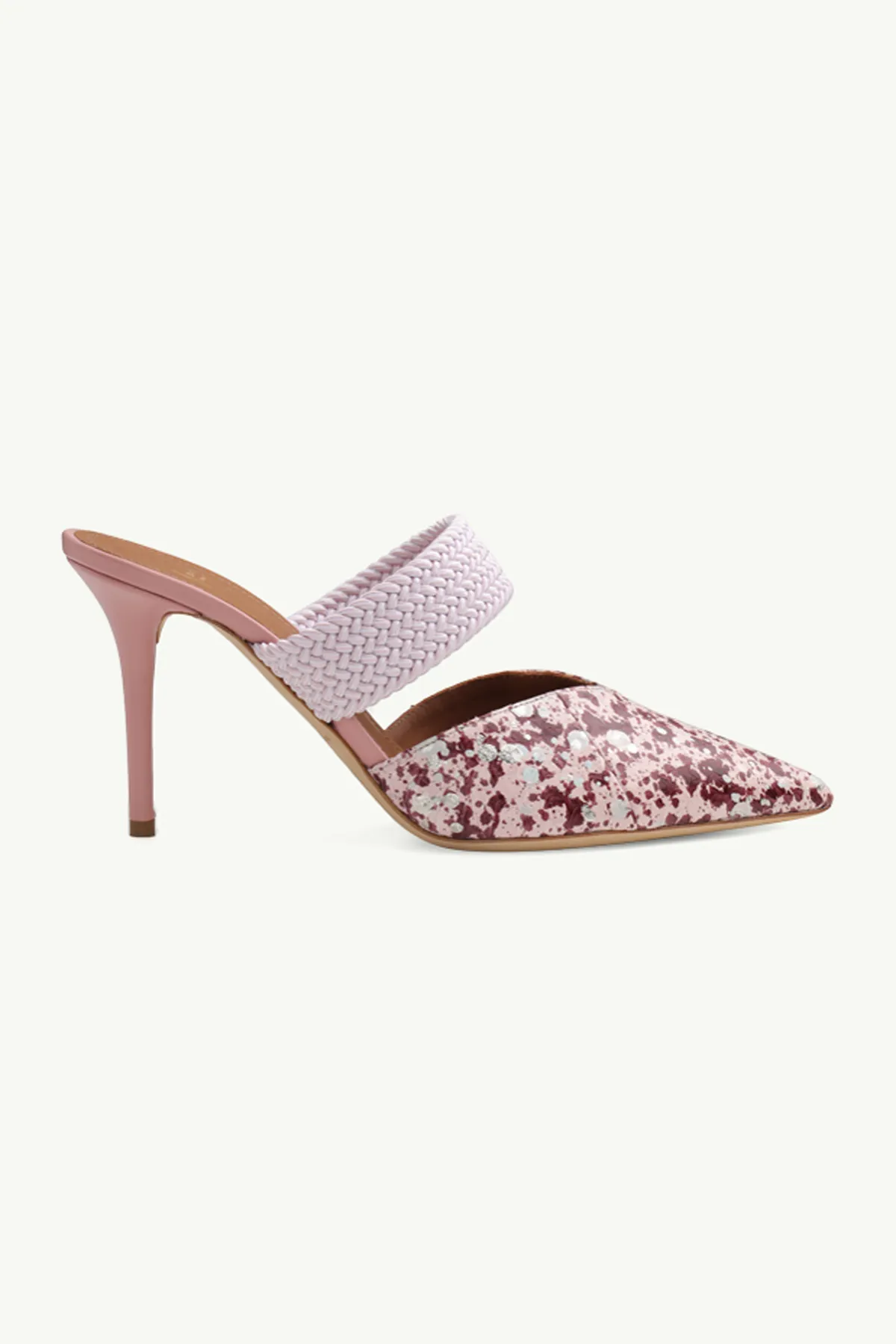 MALONE SOULIERS Maisie Heeled Mules 85mm in Rose/Pink Multicolor Embossed Leather with Tonal Trim