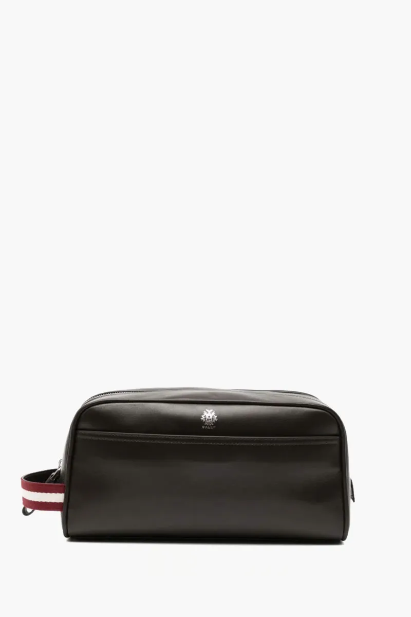 BALLY Logo Ray Travel Washbag in Dark Brown Leather