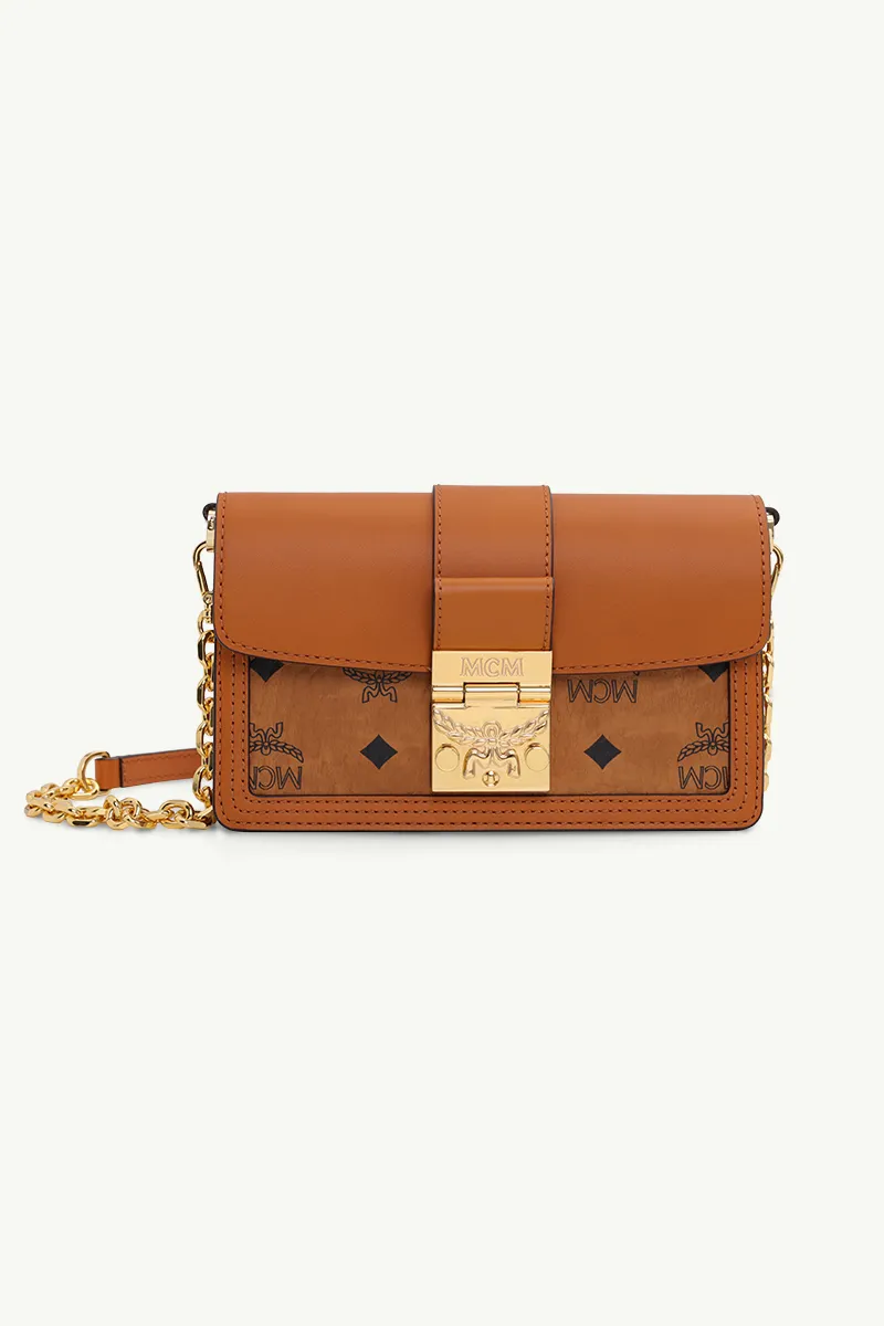 MCM Mini Tracy Chain Crossbody Bag in Cognac Visetos Leather Block
