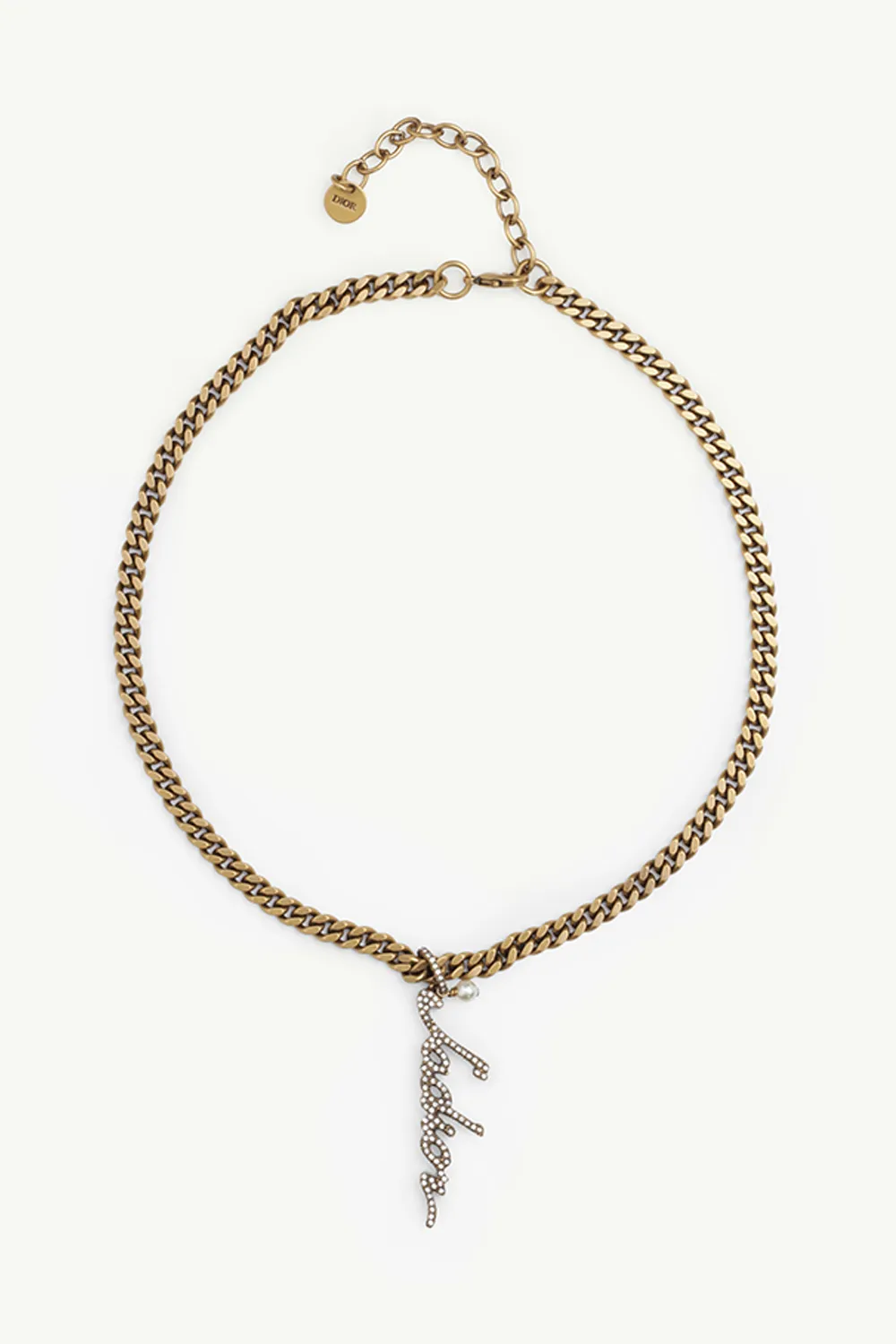CHRISTIAN DIOR J'adior Signature Chain Necklace Antique Gold Metal with White Resin Pearls and White Crystals