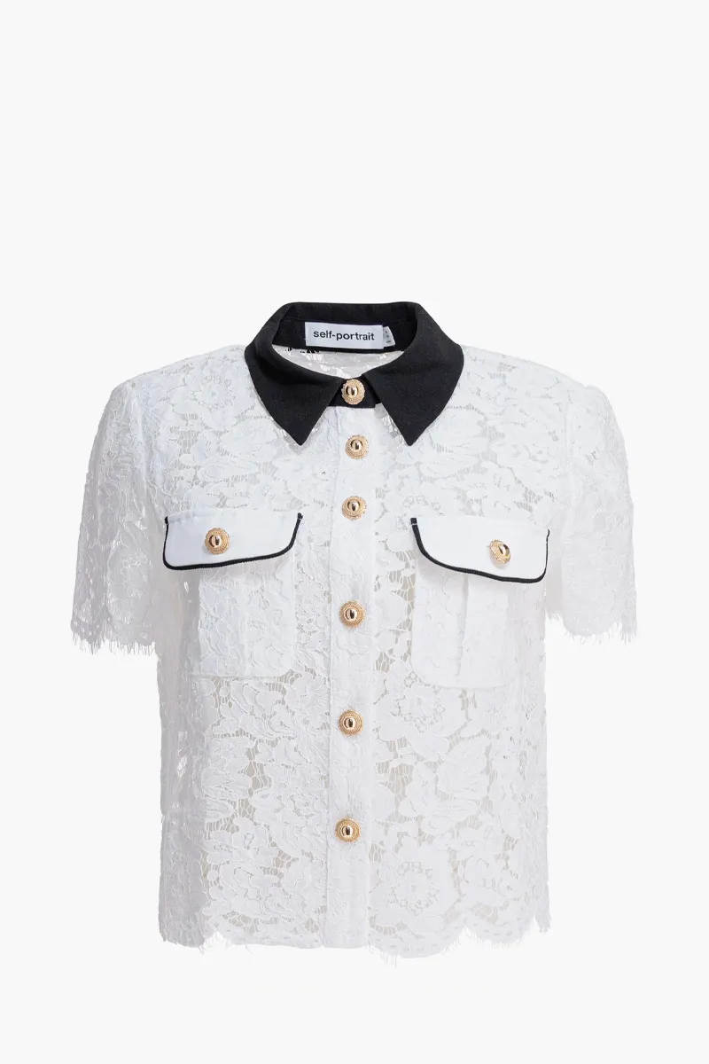 SELF-PORTRAIT Women Lace Contrast Collar Top in White Nylon 