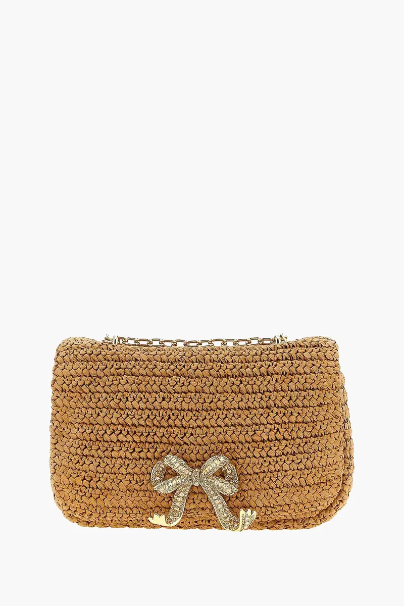 SELF-PORTRAIT Bow Charm Shoulder Bag in Brown GHW Raffia