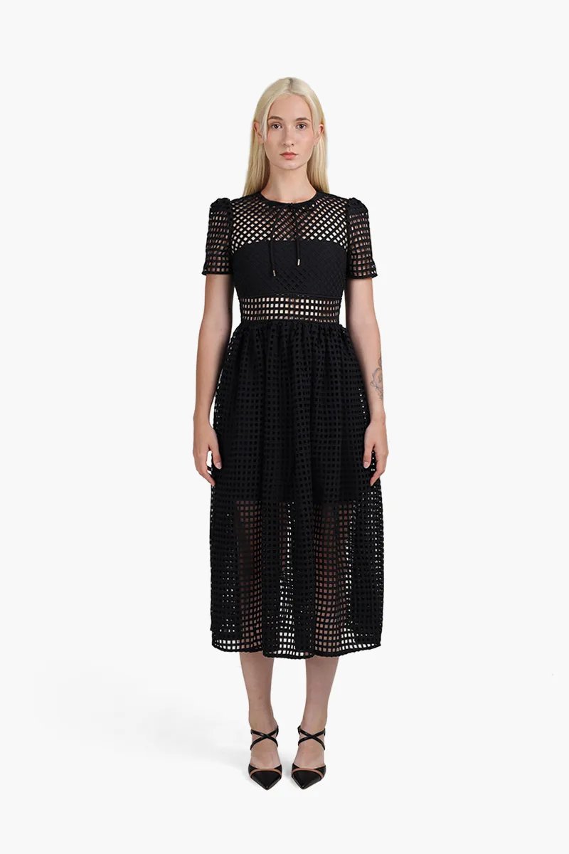 SELF-PORTRAIT Women Grid Lace Midi Dress in Black