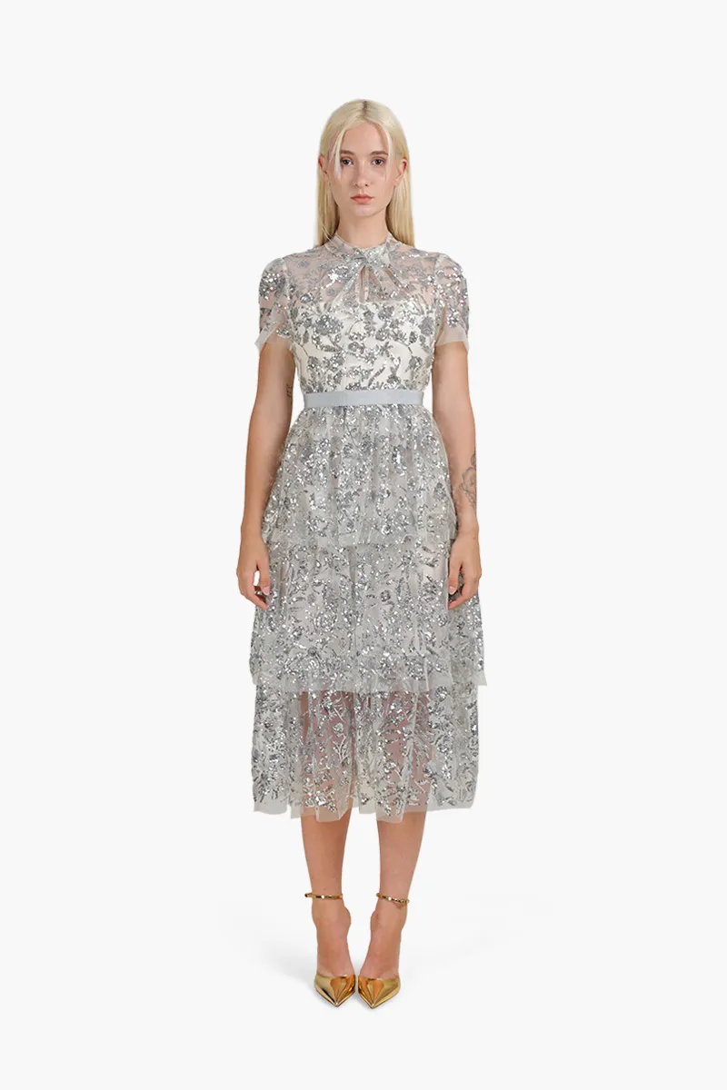 SELF-PORTRAIT Women Sequinned Tiered Midi Dress in Champagne