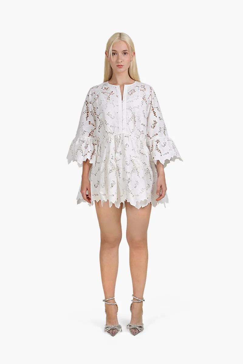 SELF-PORTRAIT Women Cotton Lace Wide Sleeve Mini Dress in White