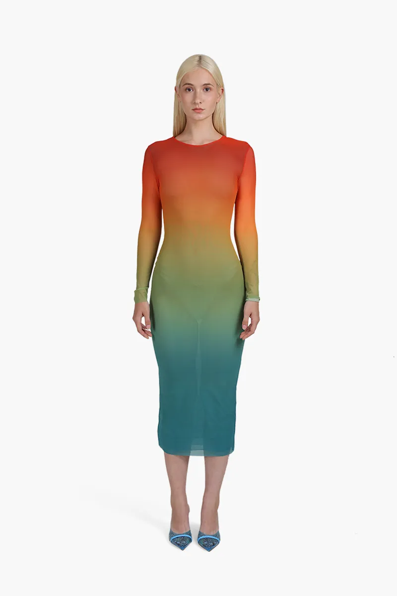 SELF-PORTRAIT Women Ombre Mesh Midi Dress in Red Multicolor