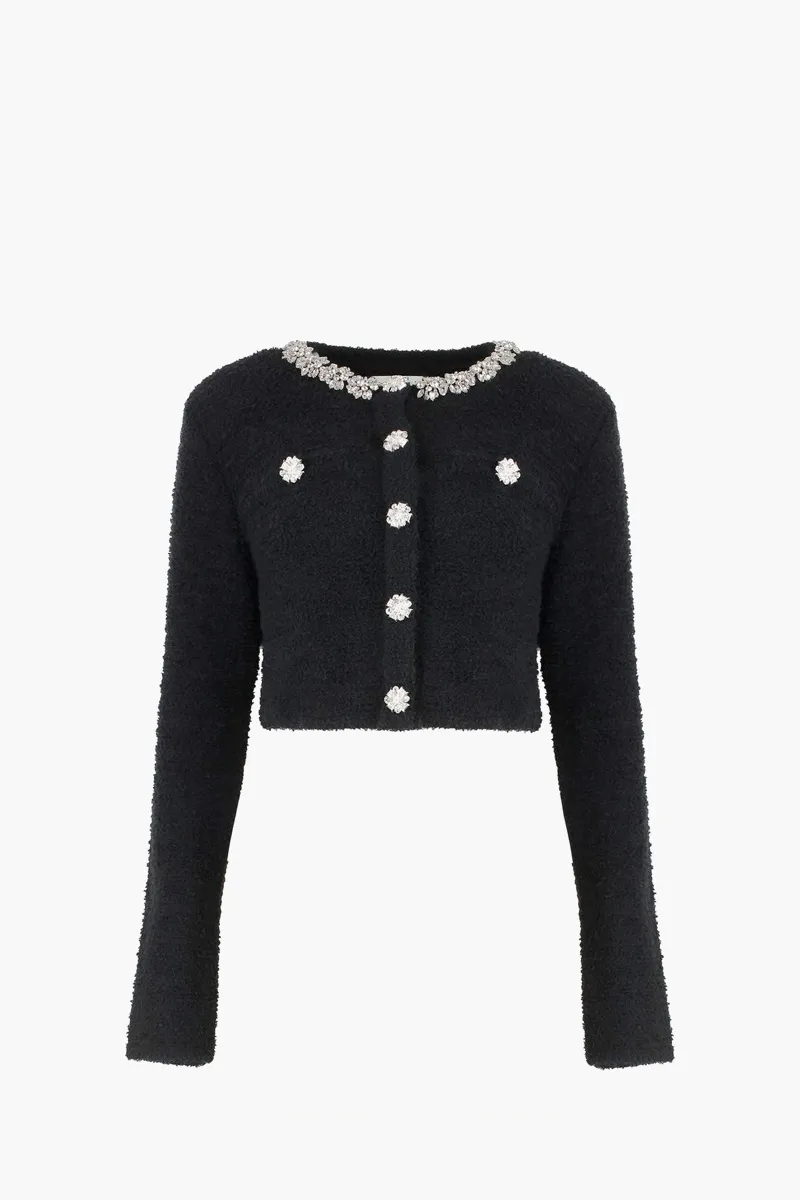 SELF-PORTRAIT Women Crystal Trim Cardigan in Black Polycotton