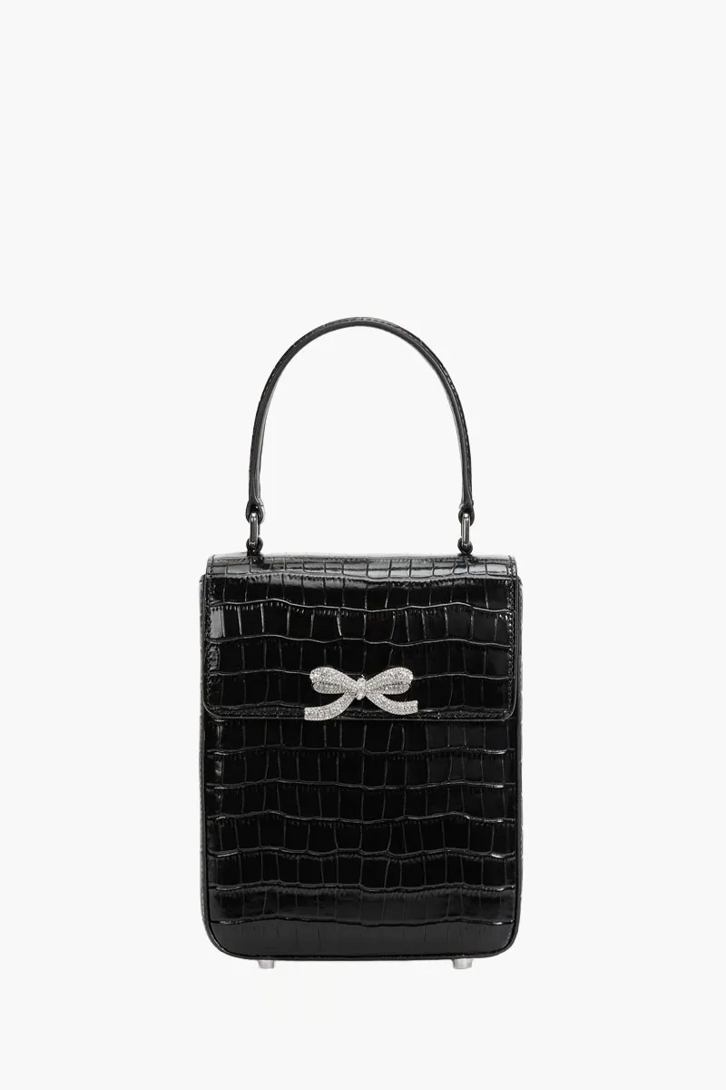 SELF-PORTRAIT Crystal Bow Structured Mini Bag in Black Croc Leather