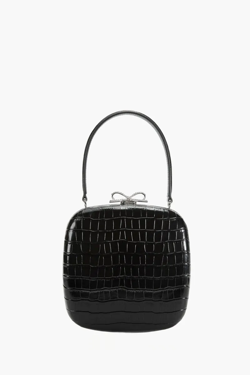 SELF-PORTRAIT Crystal Bow Compact Mini Bag in Black Croc Leather