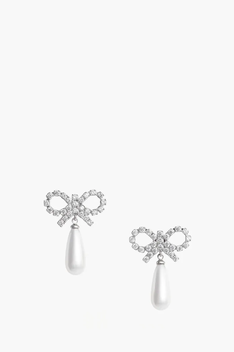SELF-PORTRAIT Crystal Bow Pearl Earrings in White Crystal and Faux Pearl Embellishment