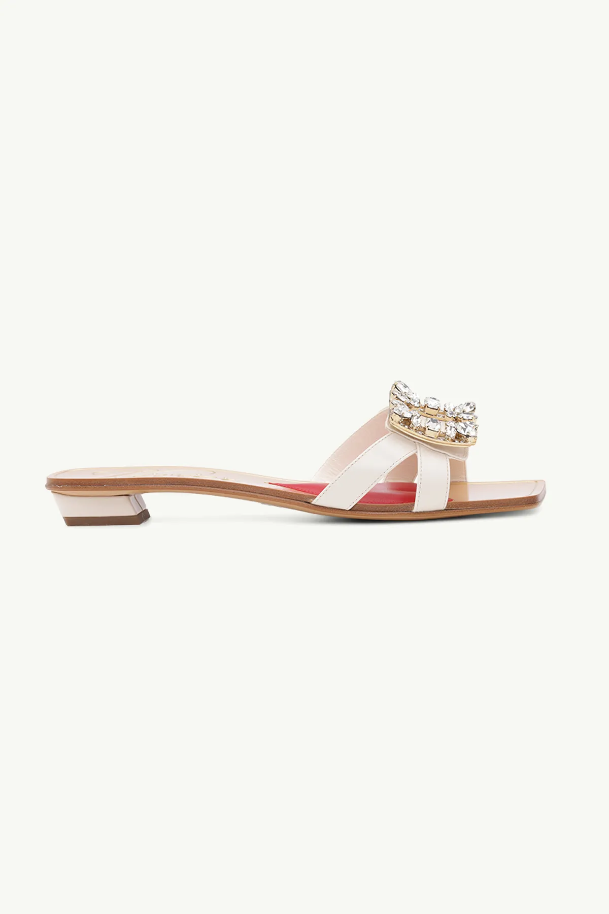 ROGER VIVIER Mini Broche Vivier Crystal Buckle Mules 25mm in Off White Leather