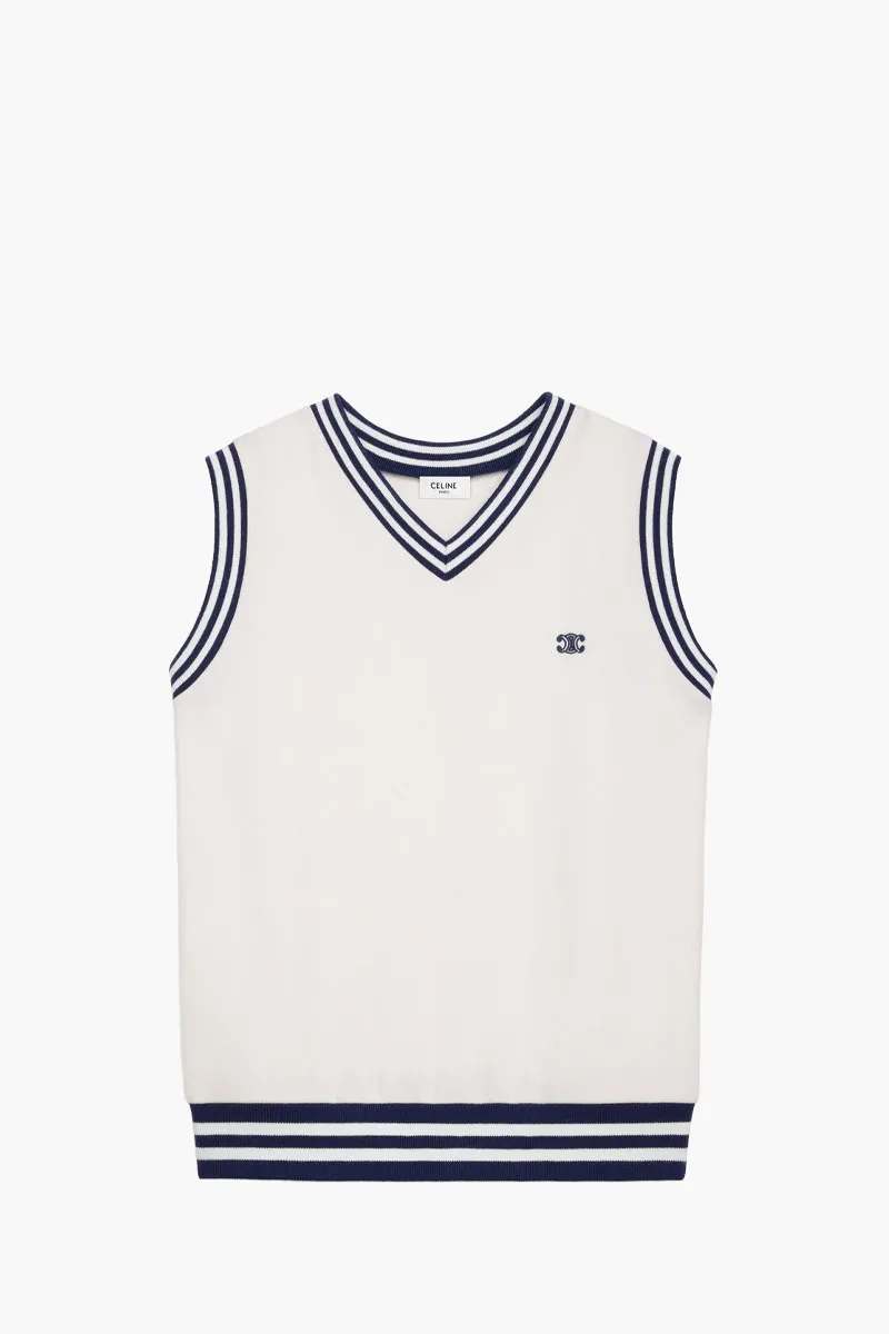CELINE Women Logo Embroidered Sleeveless Sweatshirt in Off White/Navy Cotton Fleece