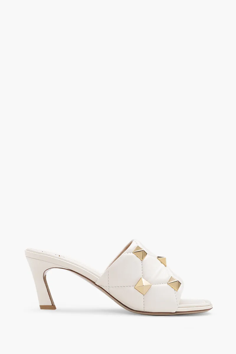 VALENTINO Roman Stud Slide Sandal 65mm in Light Ivory Quilted Nappa