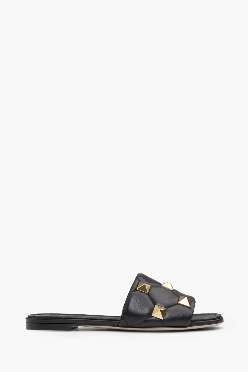 VALENTINO Women Roman Stud Slide Sandals in Black Quilted Leather