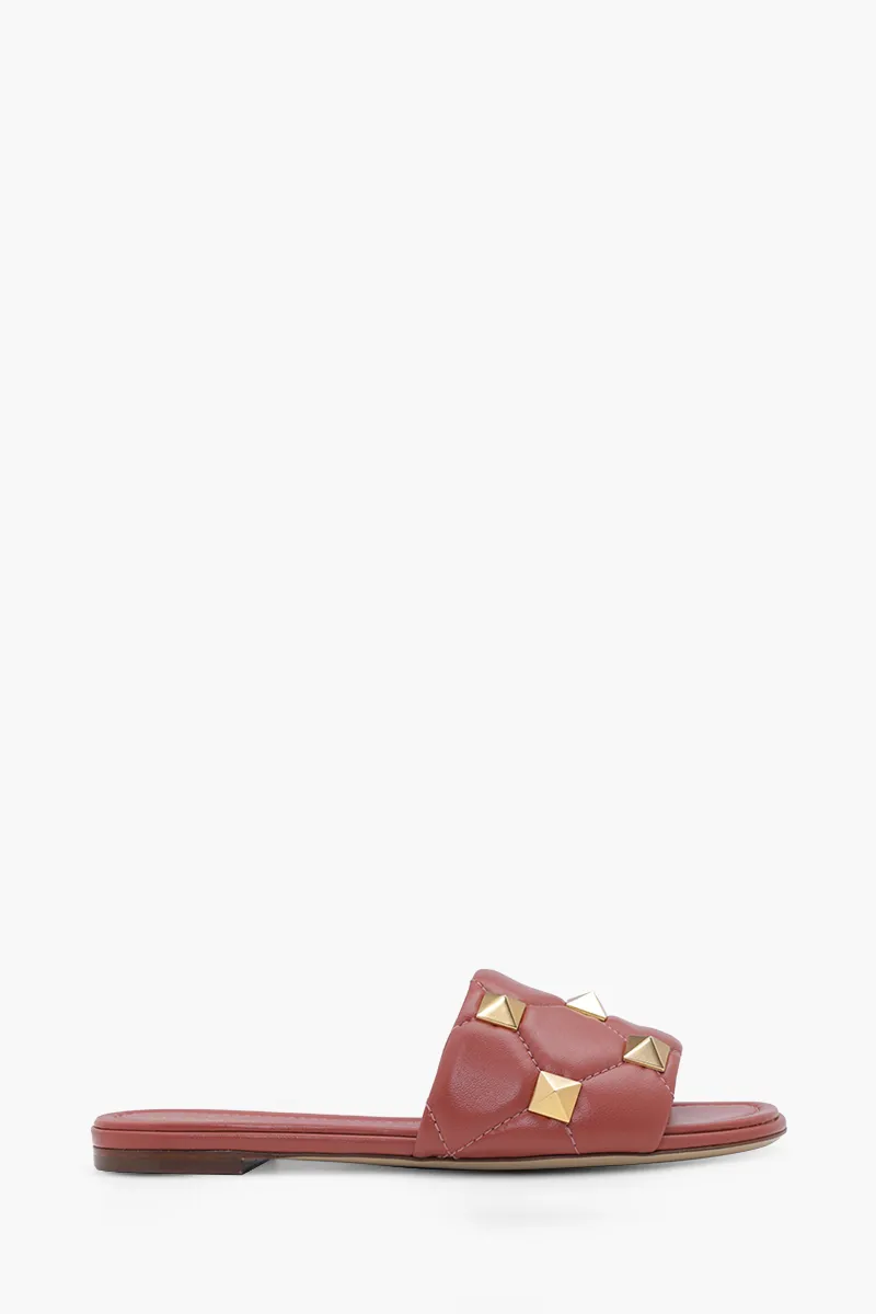 VALENTINO Women Roman Stud Slide Sandals in Ginger Quilted Leather
