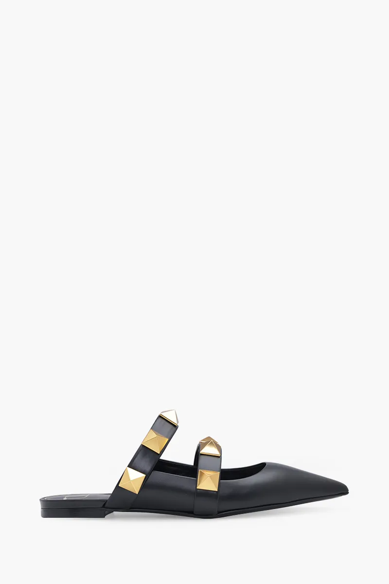 VALENTINO Roman Stud Flat Mules in Black Calfskin