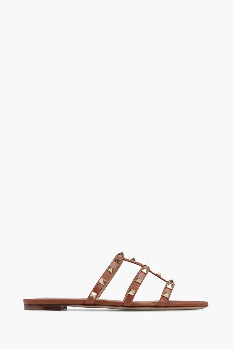 VALENTINO Rockstud Strappy Slides in Saddle Brown