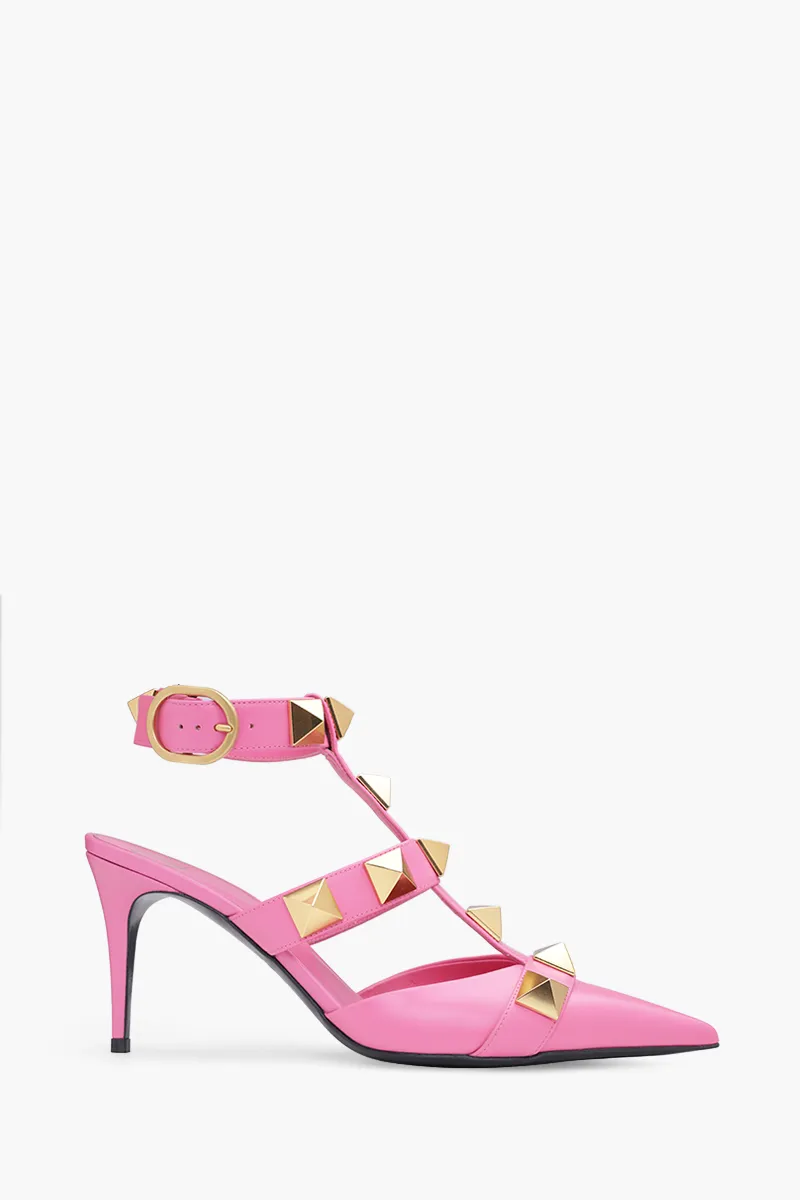 VALENTINO Roman Stud Pumps 80mm in Pink Calf with Cage