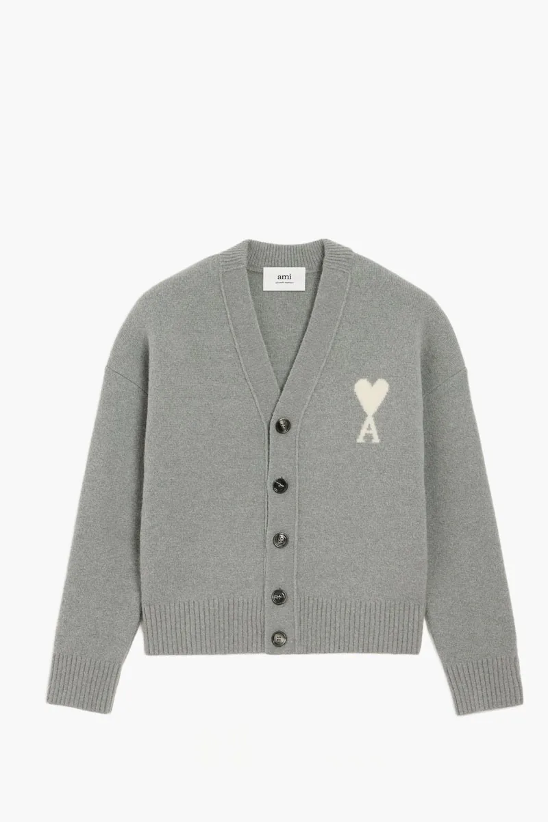 AMI Unisex Ami De Coeur Cardigan in Grey/Off White Alpaca Knit