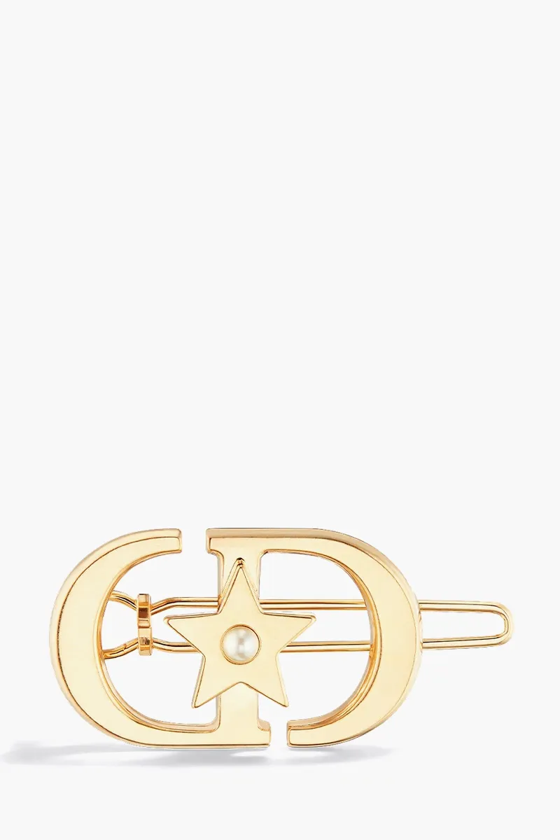 CHRISTIAN DIOR Lucky 30 Montaigne Barrette in Gold Gold-Finish Metal and White Resin Pearl