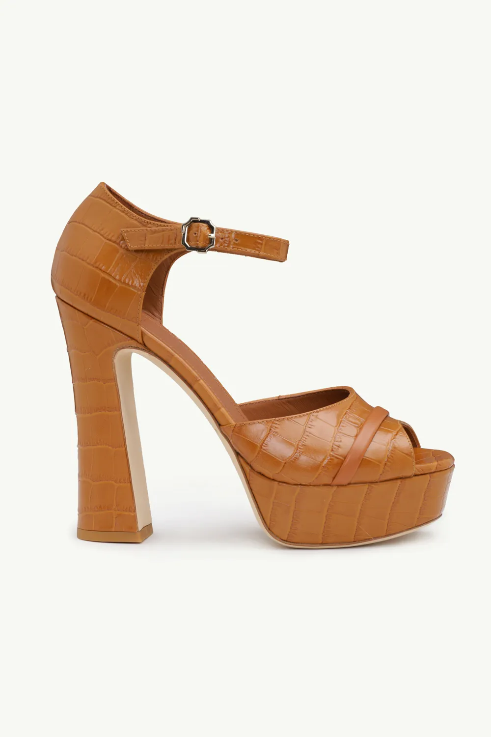 MALONE SOULIERS Yuri Ankle Strap Platform Sandals 125mm in Biscuit/Biscuit Croco Embossed Leather