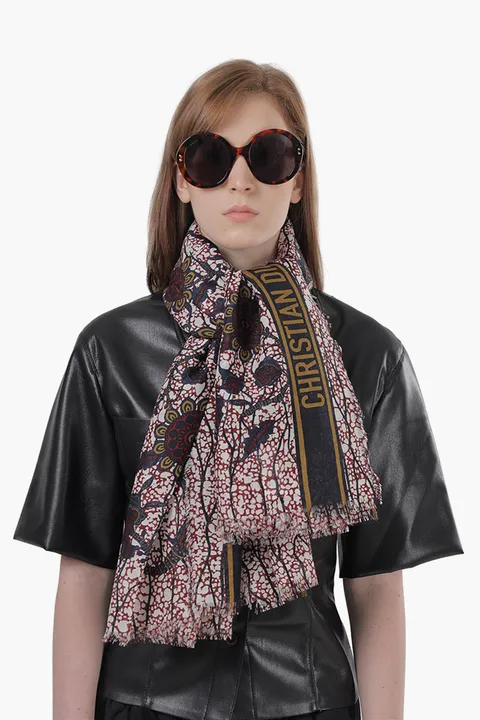 CHRISTIAN DIOR Wax Toile De Jouy Scarf in Bordeaux Multicolor with Logo