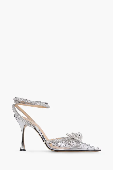 MACH & MACH All Over Crystal Double Bow PVC Ankle Strap Pumps 100mm in Transparent/Silver