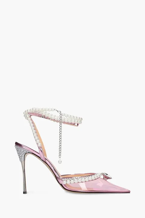 MACH & MACH Women Pearls x Diamonds of Elizabeth Ankle Strap PVC Pumps 110mm in Transparent Pink