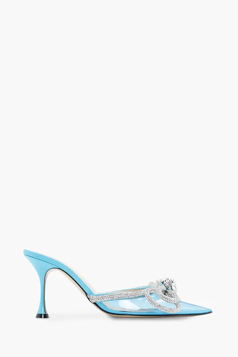 MACH & MACH Women Crystal Double Bow Pointed Toe PVC Mules 85mm in Cruise Blue