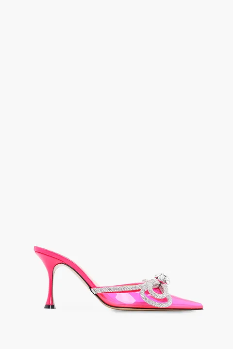 MACH & MACH Women Crystal Double Bow Pointed Toe PVC Mules 85mm in Pink