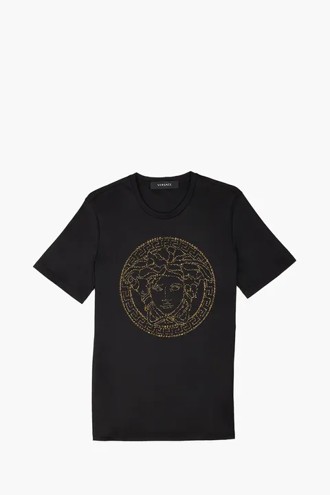 VERSACE Women Medusa Head Crystal-Embellished T-Shirt in Black/Gold