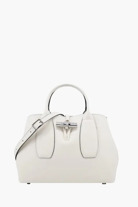 LONGCHAMP Medium Roseau Top Handle Bag in Ecru Leather with Adjustable Strap