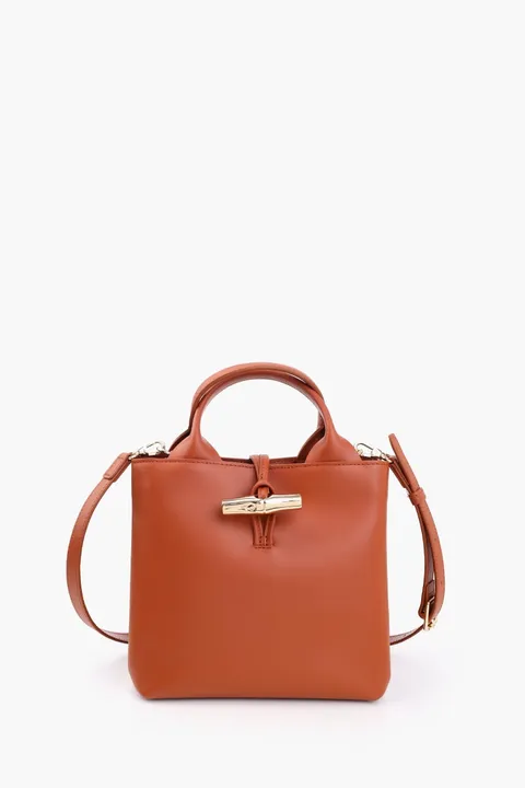 LONGCHAMP Small Le Roseau Top Handle Bag in Bark Smooth Silky Leather with Adjustable Shoulder Strap